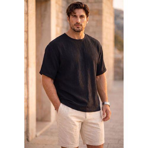 Godard Relax Fit %100 Pamuk Müslin Kumaş Duble Kol Bisiklet Yaka Erkek T-Shirt - Siyah