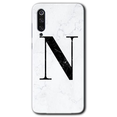 Xiaomi Mi 9 SE Kılıf HD Desen Baskılı Arka Kapak+Temperli Cam - Beyaz Mermer Desenli N Harfi