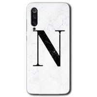 Xiaomi Mi 9 SE Kılıf HD Desen Baskılı Arka Kapak+Temperli Cam - Beyaz Mermer Desenli N Harfi