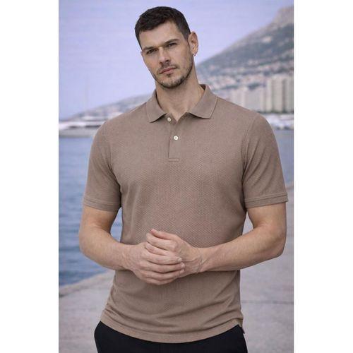 Kabartma Desenli Polo Yaka Düğmeli Yumuşak İnce Erkek T-Shirt - Kahve