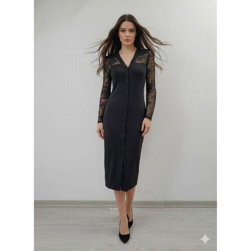 Kadın Uzun Kollu Transparan Detay Midi Boy Elbise