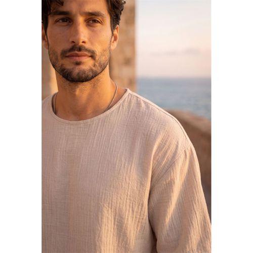 Godard Relax Fit %100 Pamuk Müslin Kumaş Duble Kol Bisiklet Yaka Erkek T-Shirt - Orta Bej