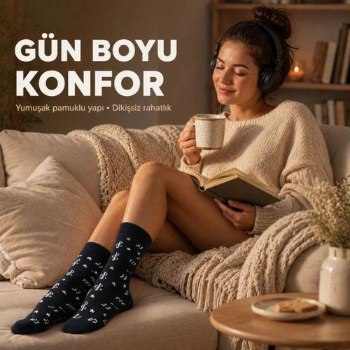 Kadın Müzik Notalı Soket Çorap 36-40 | Pamuklu Dikişsiz Burun Siyah Beyaz Uzun Konç
