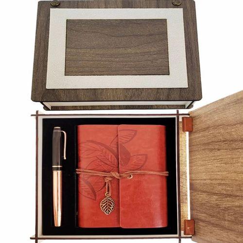 pilelistore Özel Ahşap Kutulu Kahve Deri Defter ve Bakır Roller Kalem Set