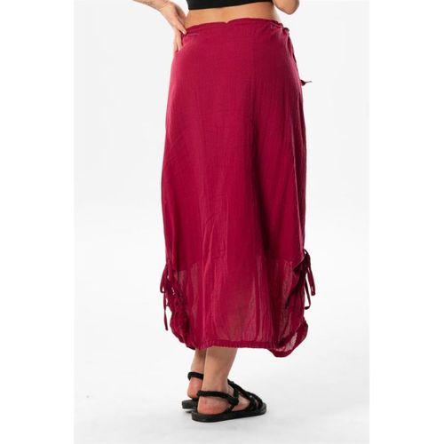 Gökşen Vual Bağlama ve Lastik Detay Midi Boy Yazlık Otantik Etek Bordo Brd