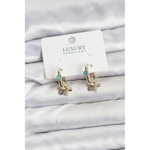 Mavi Taş Detaylı Pirinç Gold Renk Kadın Göçmen Küpesi