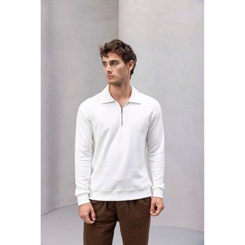 Eric Relax Fit Yarım Fermuarlı Polo Yaka Selanik Kumaş Erkek Sweatshirt - Ekru