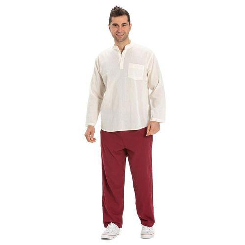 Büyük Beden Şile Bezi Uzun Kol Tek Cepli Hakim Yaka Erkek Yazlık Tshirt Krem 3002