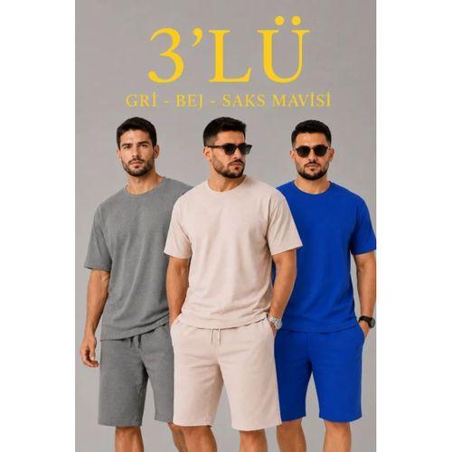 Erkek 2’li Oversize Tişört Şort Takım Seti Yazlık İki İplik Kumaş - Gri, Saks Mavisi, Bej
