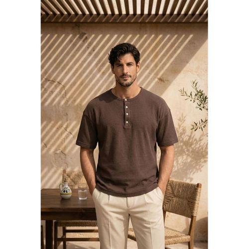 Roth Relaxed Fit Günlük Henley Yaka Waffle Kumaş Yazlık Kısa Kollu T-Shirt - Vizon