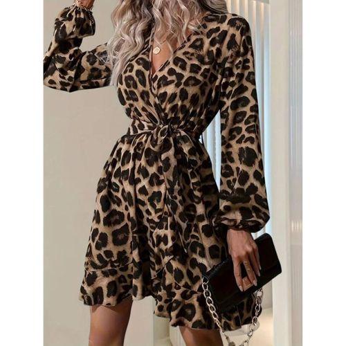 Kadın Uzun Kollu Kruvaze Yaka Belden Kuşaklı çapraz Kesim Detaylı Leopar Modal Mini Elbise