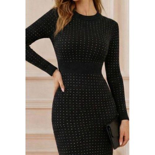 Kadın Uzun Kollu Bisiklet Yaka Taşlı Midi Kadife Elbise