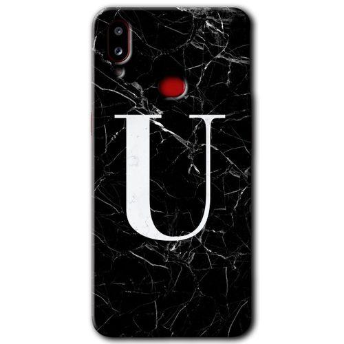 MRCİLETİSİM Samsung Galaxy A10s Kılıf HD Desen Baskılı Arka Kapak + Temperli Cam - Siyah Mermer Desenli U Harfi