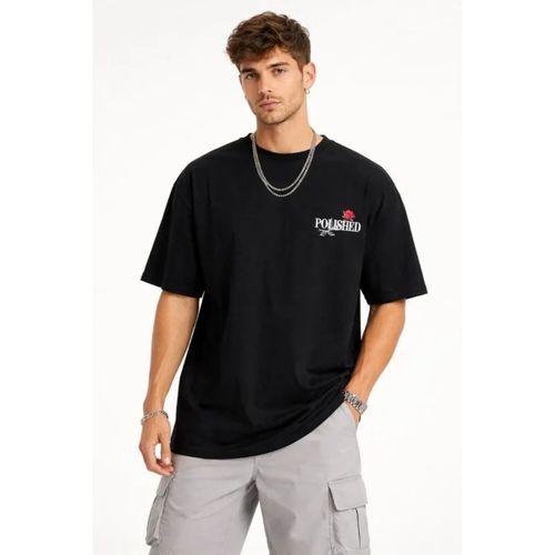Erkek Bisiklet Yaka Baskılı  Kısa Kollu Tişört Streetwear Günlük Basic Pamuklu T-shirt - Siyah
