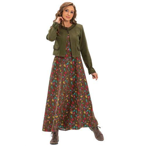 Kolsuz Selen Pazen Uzun Sonbahar ve Kışlık Elbise Çini Desen Haki Hk