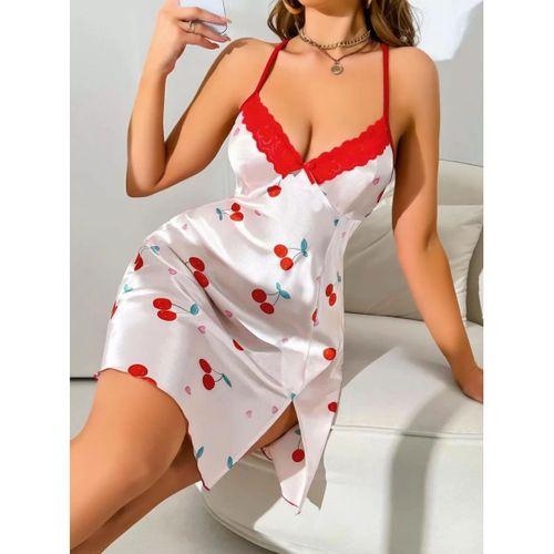 Kadın Beyaz Kırmızı Kiraz Desenli Saten Gecelik 2230
