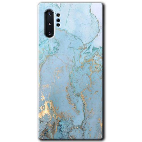 MRCİLETİSİM MRCİLETİSİM Samsung Galaxy Note 10 Plus Kılıf HD Desen Baskılı Arka Kapak + Temperli Cam - Mavi Gold Mermer