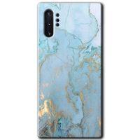 MRCİLETİSİM MRCİLETİSİM Samsung Galaxy Note 10 Plus Kılıf HD Desen Baskılı Arka Kapak + Temperli Cam - Mavi Gold Mermer