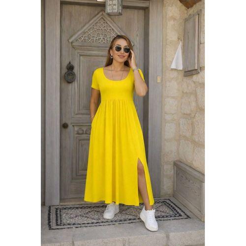 Kadın Kısa Kollu Yuvarlak Yaka önden Yırtmaçlı Cepli Viskon Uzun Elbise