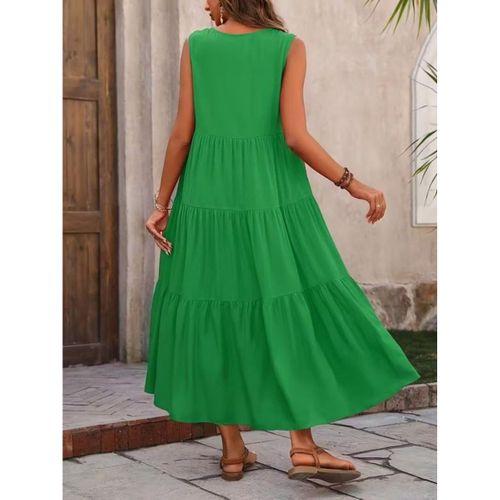 Kadın Askılı V Yakalı Uzun Dokuma Viskon Elbise