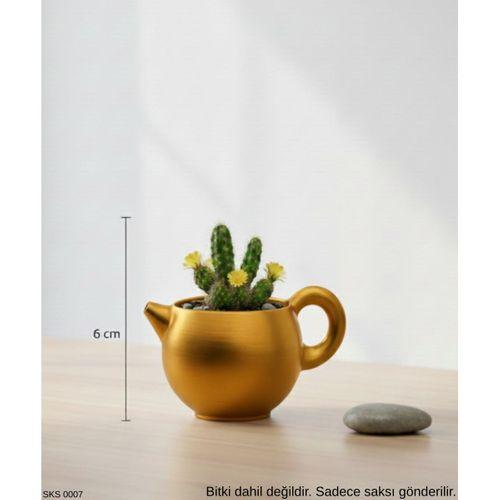 Gold Caydanlik Seklinde Mini Dekoratif Saksi 6 Cm Masa Ustu Ofis Dekoru