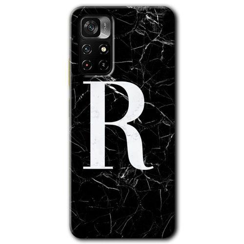 MRCİLETİSİM Poco M4 Pro 5G Kılıf HD Desen Baskılı Arka Kapak + Temperli Cam - Siyah Mermer Desenli R Harfi