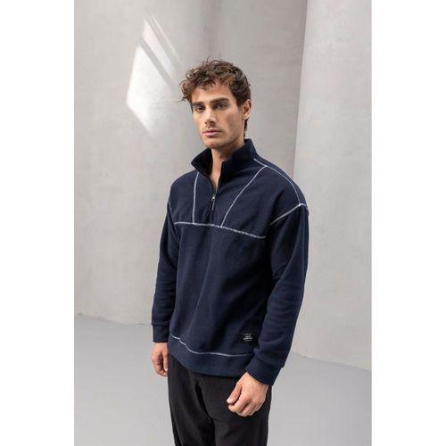 Crowe Çizgi Şeritli Oversize Yarım Fermuar Polar Erkek Sweatshirt - Lacivert