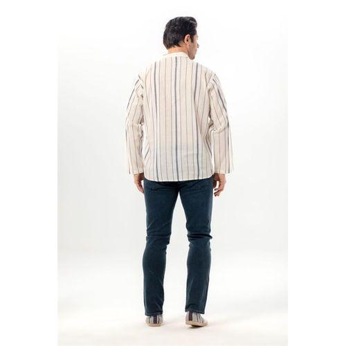 Uzun Kol Şile Bezi Tek Cepli Hakim Yaka Erkek Yazlık Tshirt Ekru Gri Çizgili 3028