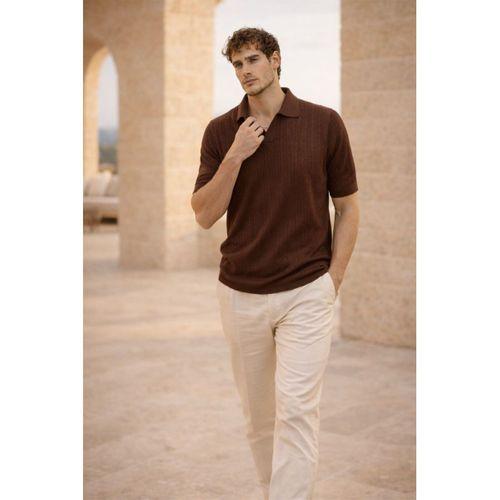 Nestor Saç Örgü Desenli Polo Yaka Regular Fit Örme İnce Triko Erkek T-Shirt - Kahve