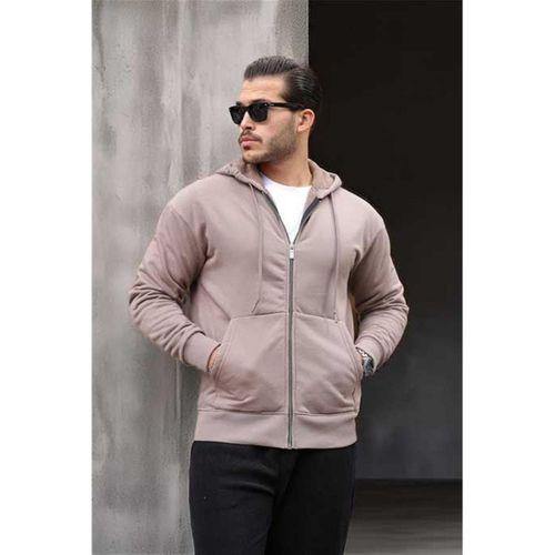 İçi Peluş Üç İplik Kumaş Oversize Fermuarlı Kapüşonlu Sweatshirt- Bej