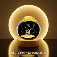 Doğal Ahşap Standlı Geyik Figürlü Kristal Küre Led Dekoratif Lamba