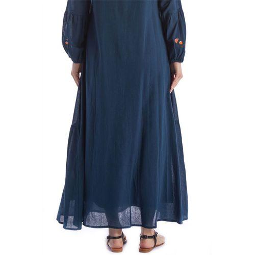 Uzun Kol Petrol Nakışlı Püskül Bağcıklı Hakim Yaka Yazlık Şile Bezi Uzun Elbise