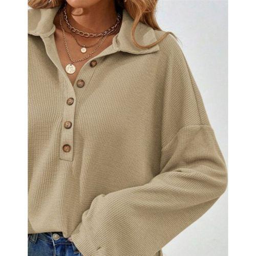 Kadın Uzun Kollu Yakalı Düğmeli Salaş Waffle Bluz
