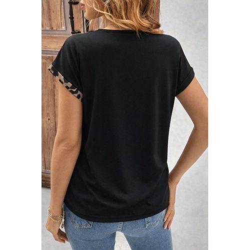 Kadın Kısa Kollu V Yakalı önden Düğmeli Leopar Desen Detaylı Viskon Bluz