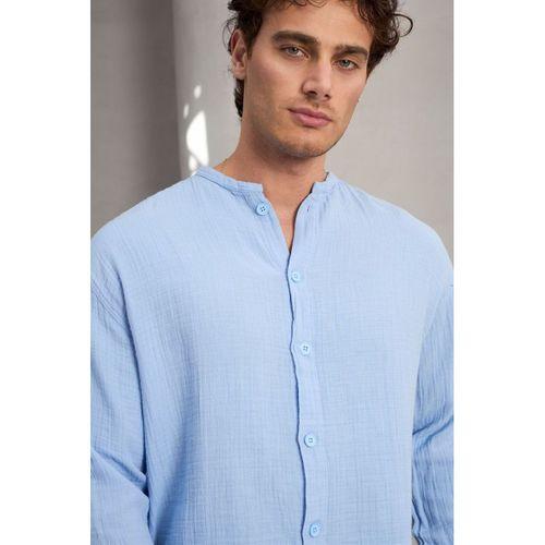 Hafif ve Nefes Alabilir Erkek Müslin Yarım Pat Hakim Yaka Oversize Gömlek - Buz Mavi