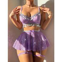 Mor Pul Detaylı Fantezi Kadın Kostüm Işıltılı Özel Tasarım Gece Giyim