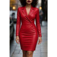 Kadın Uzun Kollu Yakalı Mini Deri Elbise