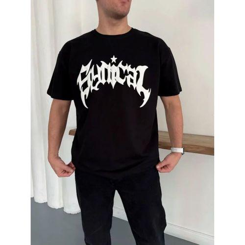 Erkek Bisiklet Yaka Ön Baskılı  Kısa Kollu Tişört Streetwear Günlük Basic Pamuklu T-shirt - Siyah