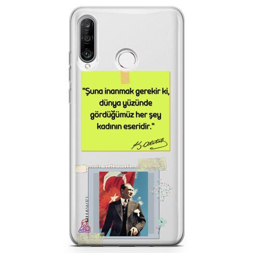 Huawei P30 Lite Kılıf Atatürk Caps Kadın Arka Kapak Koruma Desenli Full Koruyucu