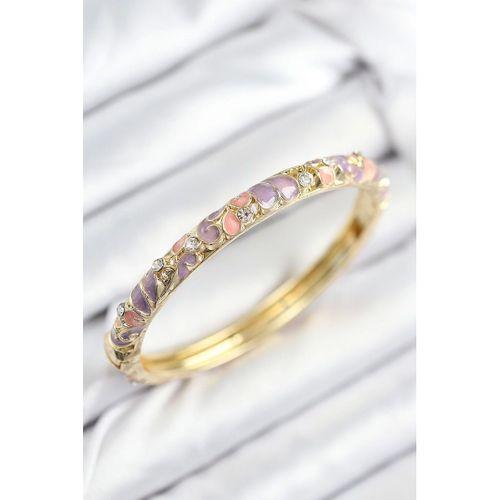 Mineli Pirinç Zirkon Taşlı Pembe Mor Çiçek Motifli Gold Kadın Kelepçe