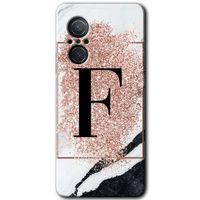 Huawei Nova 9 SE Kılıf HD Desen Baskılı Arka Kapak - Pembe Mermer Desenli F Harfi + Kırılmaz Cam
