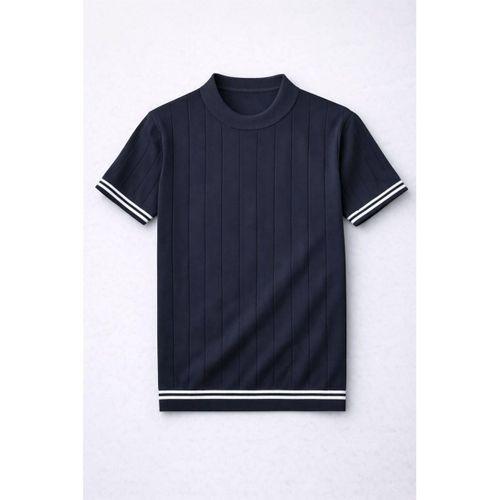 Dale Kolları Şeritli Bisiklet Yaka İnce Triko Örme Regular Fit Erkek T-Shirt - Lacivert
