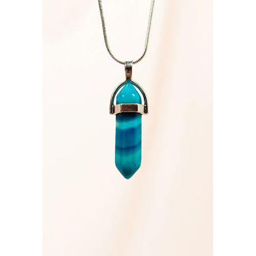 Mavi Akik Doğal Taşı Zincirli El Yapımı Tasarımlı Kolye Uç: 3,5 cm Zincir: 20 cm Kutulu