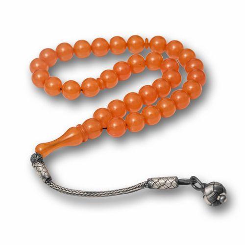 Gümüş Top Kazaz Püsküllü Turuncu Sıkma Kehribar Tesbih