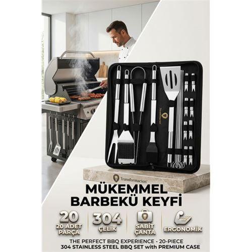Profesyonel Barbekü Seti 20 Parça Çantalı Paslanmaz Çelik Mangal Maşa Spatula Fırça Şiş 723132