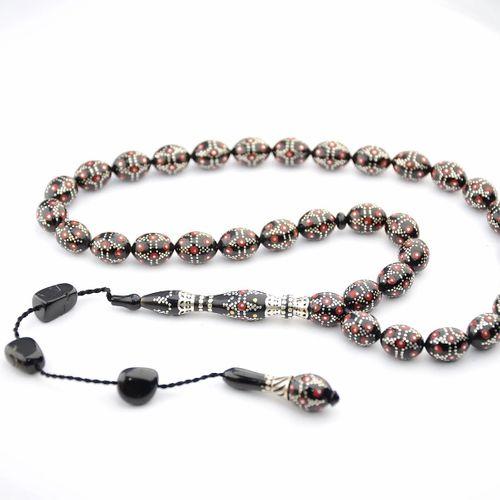 Kırmızı Mine Piramit Yol İşlemeli Oltu Sıkması Tespih