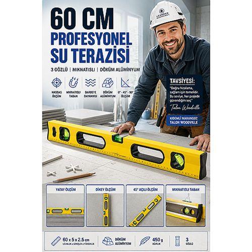 Profesyonel Döküm Alüminyum Su Terazisi 60 cm - 3 Gözlü Hassas Dengeleme Cetveli Mıknatıslı Duvar İnşaat Fayans Marangoz Hizalama Ölçüm Aleti 723559