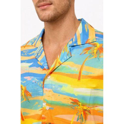 Erkek Tropikal Palmiye Desenli Kısa Kol Gömlek Yazlık Beach Tarz Rahat Kalıp - Desenli