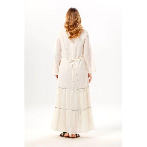 Uzun Kol Venedik Nakışlı Şile Bezi Otantik Uzun Elbise Krem Krm