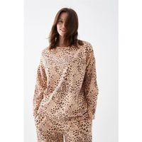 Kadın Oversize Bej Leopar Desenli Pamuklu Kalın Pijama Takımı